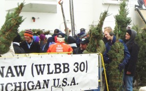 Carrying trees across the gangplank to the trucks